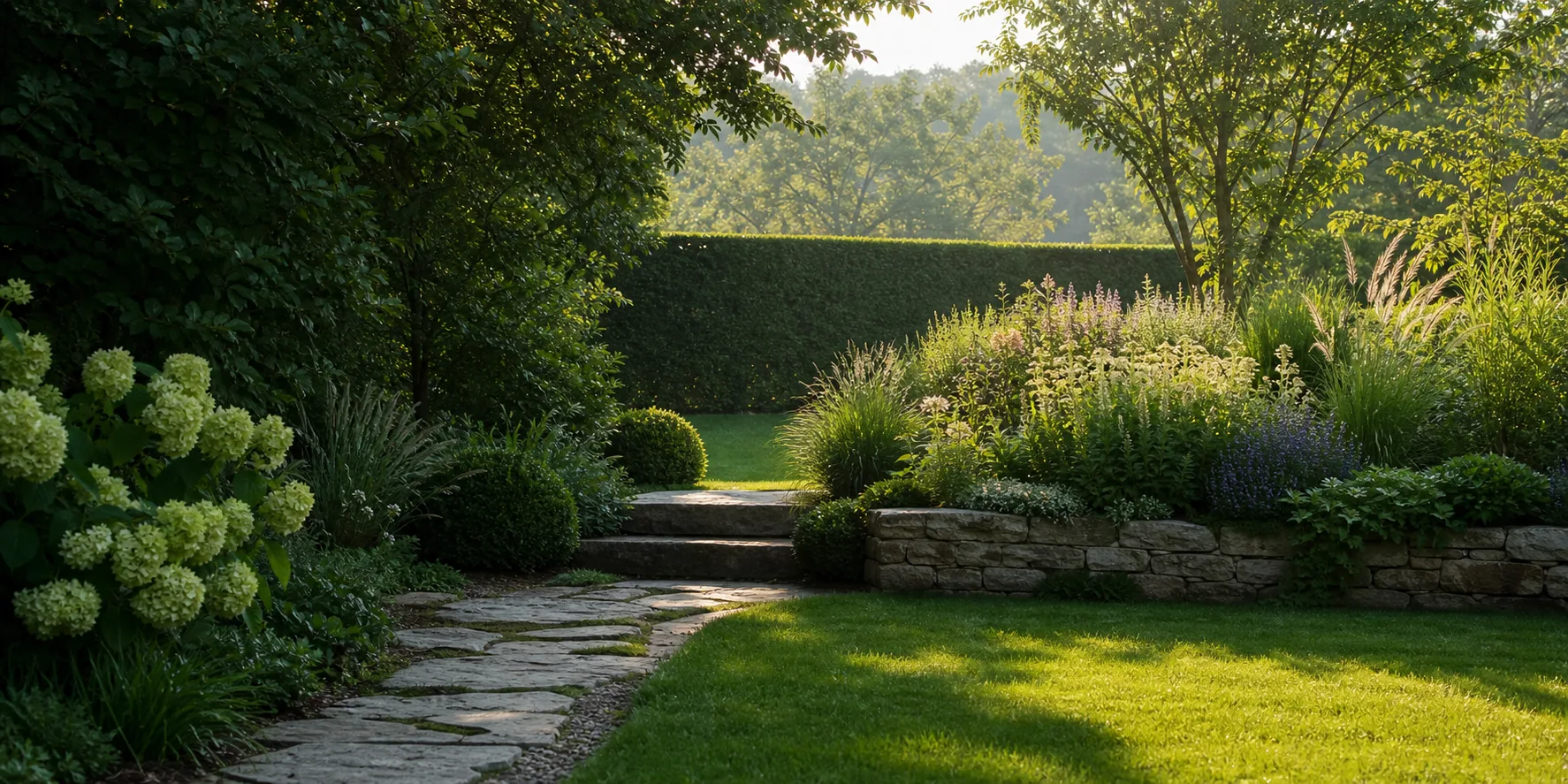 Gepflegter Garten mit Rasen, Blüten und Natursteinweg